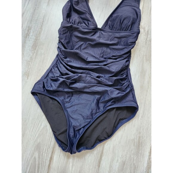 J. Crew Ruched V Neck One Piece Swimsuit Lined Stretch Navy Blue Sz 2 - Picture 4 of 10